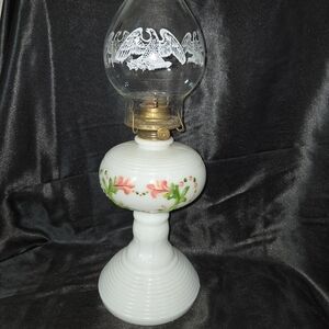 Antique Milk Glass Hand Painted Oil Lamp With Eagle Etched Globe